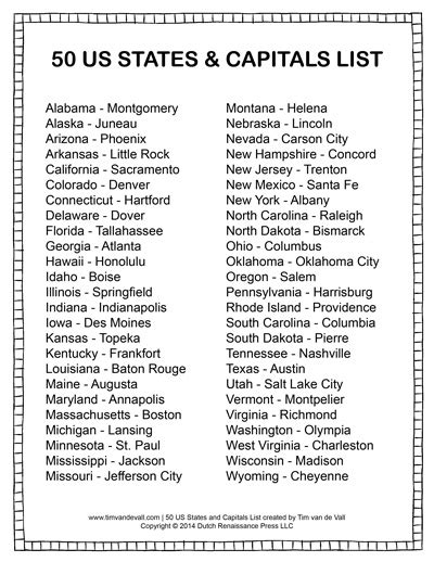 Usa States And Capitals List Printable