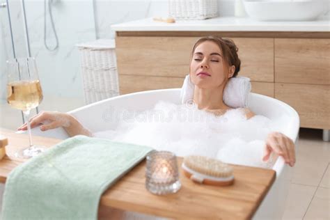 Beautiful Woman Enjoying Bubble Bath At Home Stock Image Image Of Care Bathtub 242481905