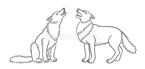 Two Howling Grey Wolves In Outlines Vector Illustration Stock Vector