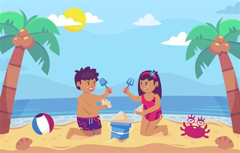 Cartoon Of Couple Playing Sand At Beach Background 2376651 Vector Art