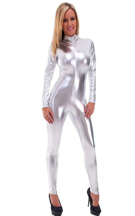 Front Zipper Catsuit Bodysuit In Liquid Silver