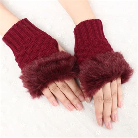 Wool Knitted Fingerless Gloves Women Warm Winter Gloves Women Faux Fur Mittens Female Girls Fur