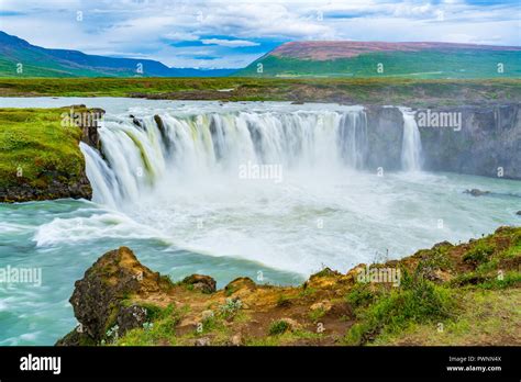 Summer Scene Of Godafoss Waterfall In Cloudy Day At The Bardardalur