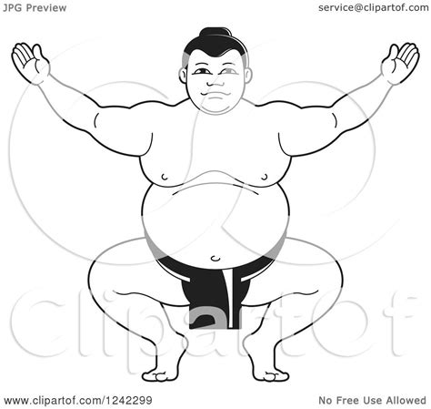 Clipart Of A Black And White Sumo Wrestler Crouching And Holding Up His