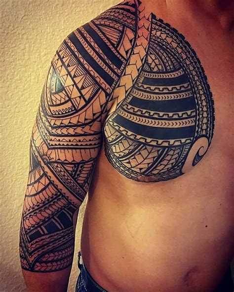 Polynesian Tribal Arm And Chest Tattoo By Max Maui Tattoo Artist At Mid Pacific Tattoo Mid