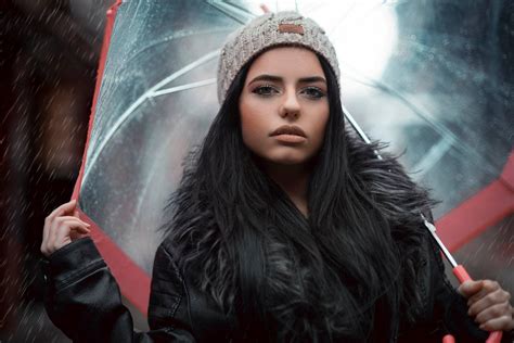wallpaper brunette women outdoors rain long hair black hair leather jackets umbrella