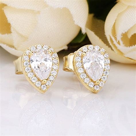 Authentic 925 Sterling Silver Sparkling Gold Radiant Teardrops With