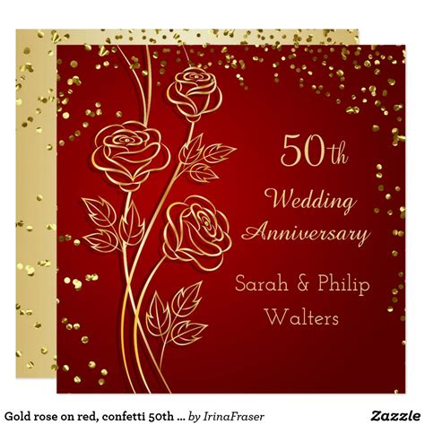 Gold Rose On Red Confetti 50th Anniversary Card 50th Wedding