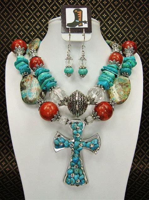 Turquoise And Coral Chunky Western Cowgirl Necklace Set With Etsy