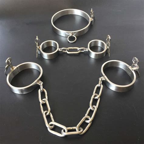 Stainless Steel Lockable Neck Collar Handcuffs Ankle Cuffs Slave Bdsm Bondage Shackles Leg Irons