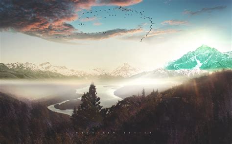 3840x2400 Photo Manipulation Mountains Clouds River Snow Sunset Concept