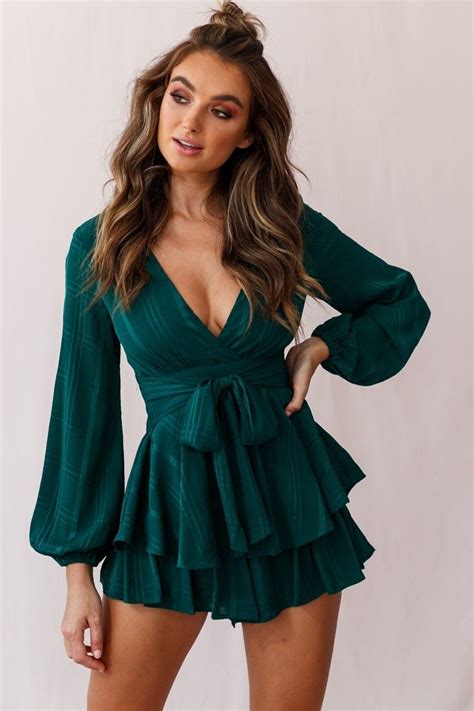 Maddox Fit And Flare Long Sleeve Romper Forest Green Flare Long Sleeve Fancy Outfits Long