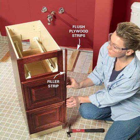 Recessed scribes for frameless cabinet installation advice on accurate scribing for scribe strips against walls, when the strips are set back slightly from the cabinet face. Install a Vanity Sink | The Family Handyman
