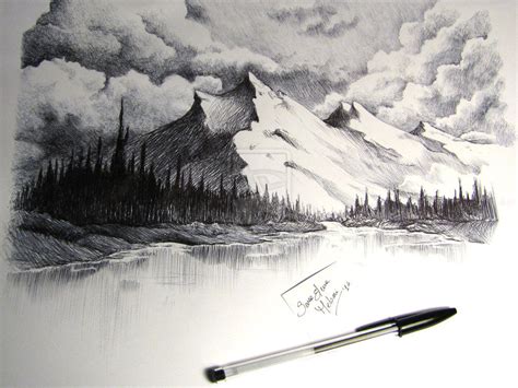 Snow Capped Mountains Drawing By Sarameloni Landscape Pencil Drawings