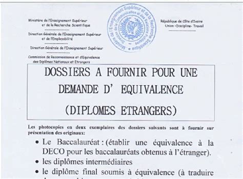 Cote D Ivoire Dossiers A Fournir Pour Une Demande D Equivalence