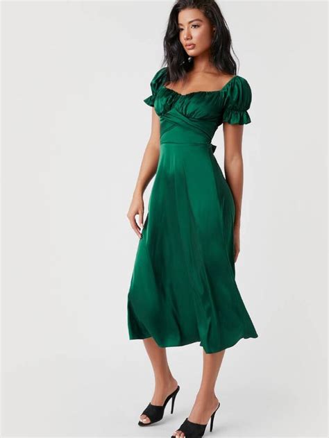 Satin Midi Dress Green Midi Dress Satin Dresses Dress P Wrap Dress Puffed Sleeves Dress
