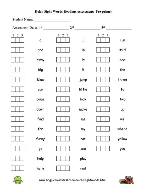 Dolch Sight Words Assessment Sheets Dolch Sight Words Pre Primer