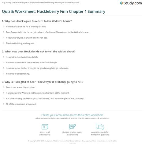 Send a request to join the class: Quiz & Worksheet: Huckleberry Finn Chapter 1 Summary ...