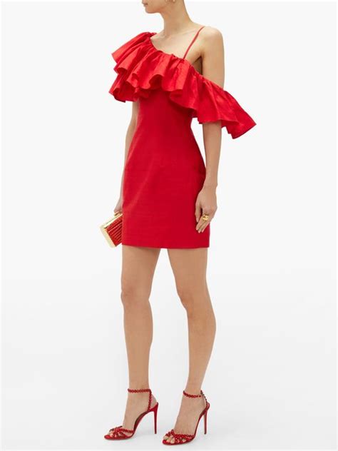Rasario Ruffled One Shoulder Silk Shantung Mini Dress Red Off