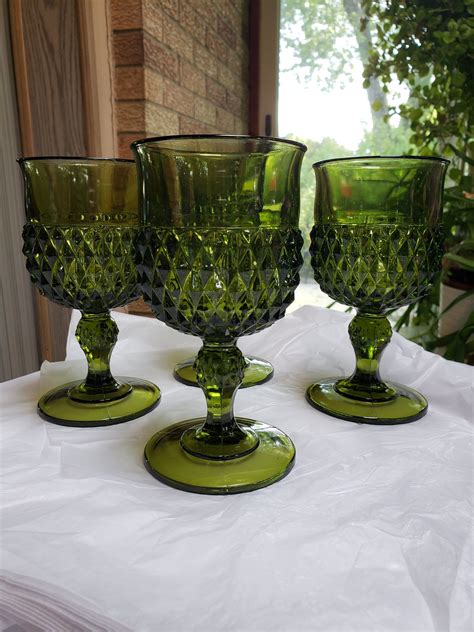 Vintage Indiana Glass Green Diamond Point Water Glasses Etsy Indiana Glass Green Glassware