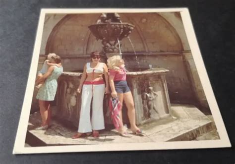 Vintage Snapshot Two Attractive Women Posing By Fountain Color