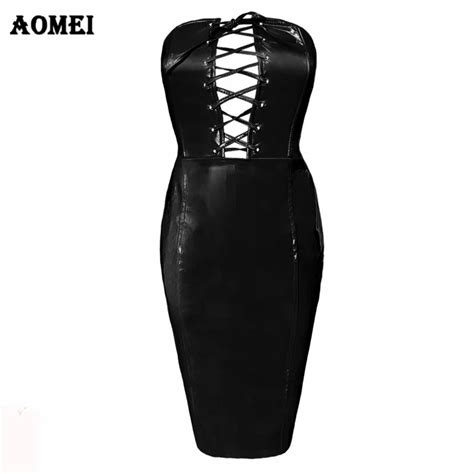 Womens Black Sexy Bodycon Pvc Dresses Evening Club Wear Lace Up Backless Tight Costumes Clothing