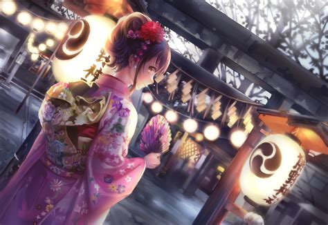 Brown Hair Curekiller Fan Japanese Clothes Kimono Original Shrine Torii