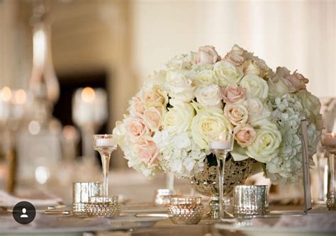 Roses And Hydrangea Low Centerpiece In Blush And Ivory Silver Urn