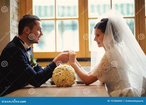 Happy Bride And Groom On Their Wedding Stock Photo Image Of Holding