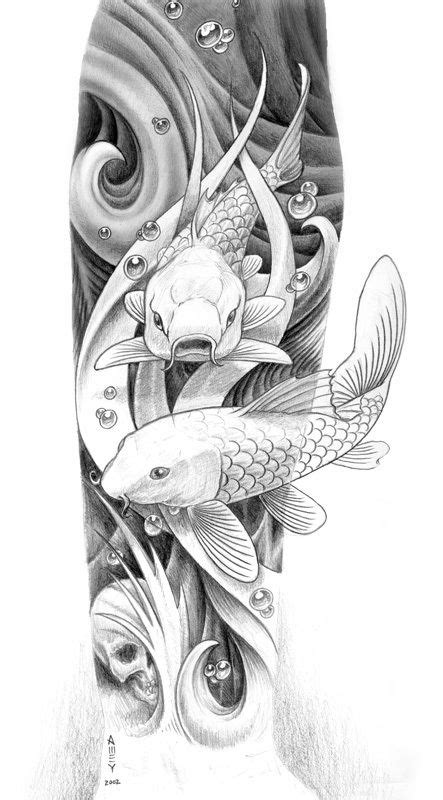 More A Pencil Drawing Depicting Two Koi Fish Swimming Through