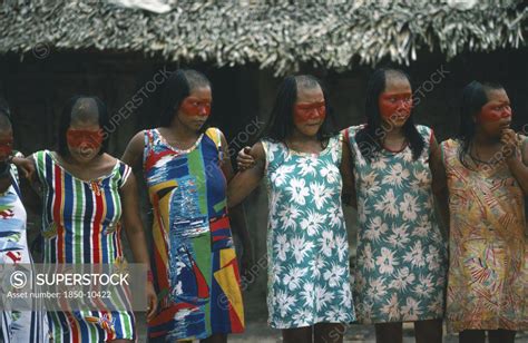 Brazil Amazonas Xingu Park Xikrin Indian Women With The Tops Of Their Heads Shaved And Their
