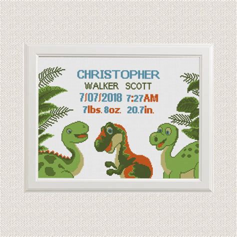 A wide variety of birth samplers in counted cross stitch for boys and girls. dinosaurs Cross stitch Birth announcement dino animal ...