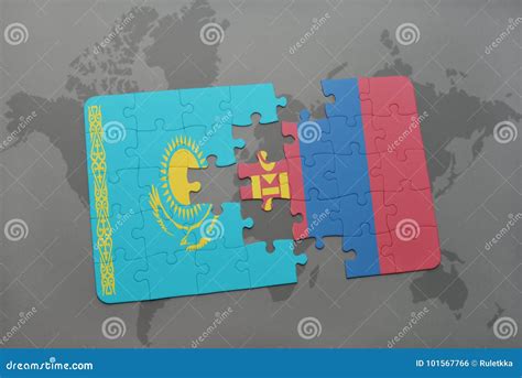 Puzzle With The National Flag Of Kazakhstan And Mongolia On A World Map