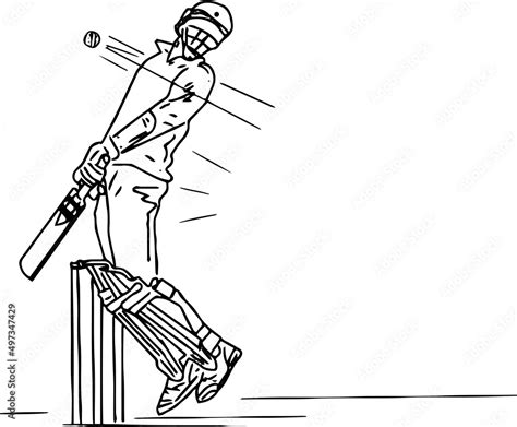 Hand Drawn Outline Sketch Drawing Of Cricket Batsman Ducking The