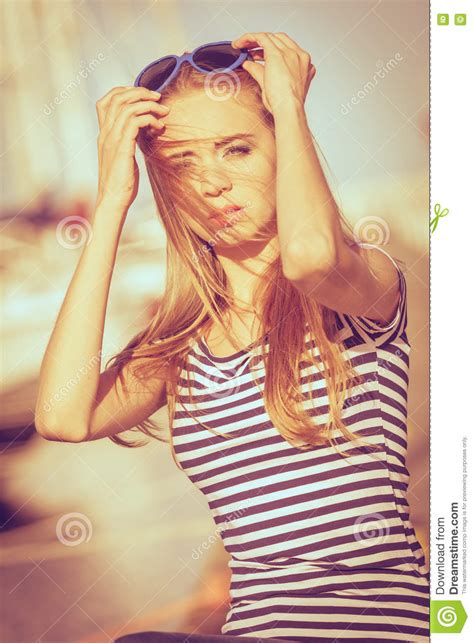 Girl Enjoying Summer Breeze At Sunset In Marina Stock Image Image Of