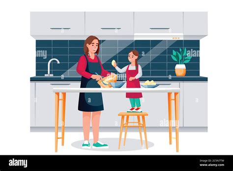 Happy Mother And Daughter Cooking Breakfast In Kitchen Mom And Little