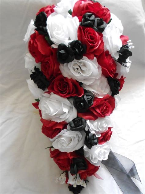Silk Cascade Wedding Bouquet Red Black And White Set 23