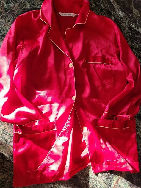 Victorias Secret Red Shiny Satin Pajama Button Up Shirt Womens Size S