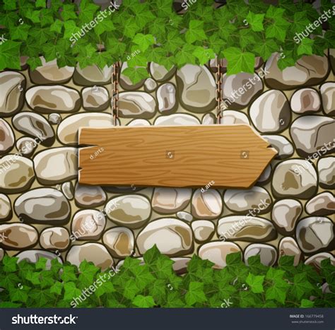 Stone Wall Wooden Arrow Leaves Stock Vector Royalty Free 166779458