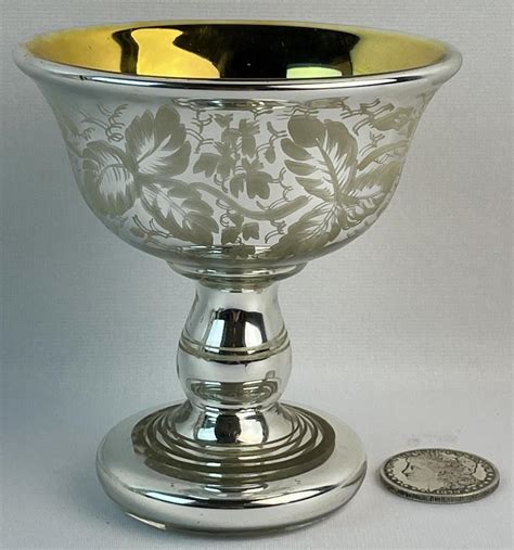 Lot Antique C 1900 Victorian Silver Mercury Glass Compote W Floral