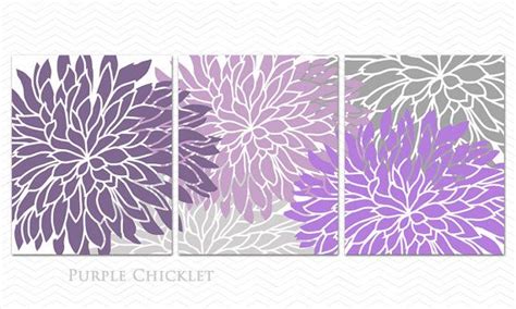 Lavender Lilac And Purple Gray Dahlia Flower Burst Print Trio Wall Art
