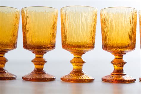 8 Vintage Amber Goblets Set Of 8 Amber Colored Textured Wine Glasses