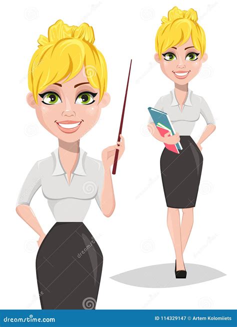 Cheerful Female Teacher Holding Books And Holding A Pointer Stock