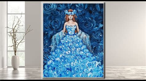 Lady In A Blue Dress Step By Step Acrylic Painting For Beginners