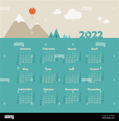 Calendar 2022 Year With Mountain Landscape Color Vector Template Week