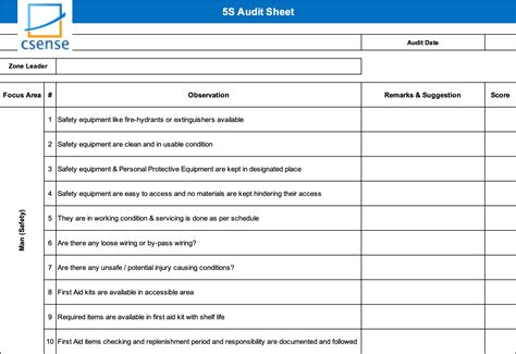 5s Audit Checklist Factory Csense Management Solutions