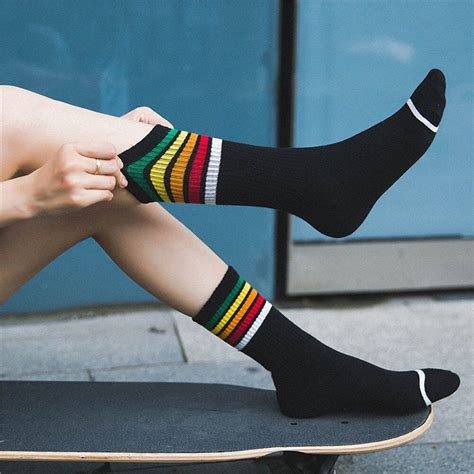 Fashion Women Harajuku Cool Skateborad Short Rainbow Socks Art White