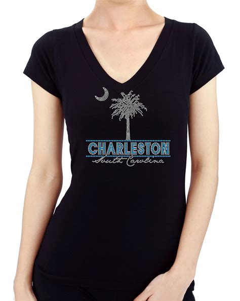 Charleston Rhinestone Bling Cute Womens Girls Ladies T Shirts Top