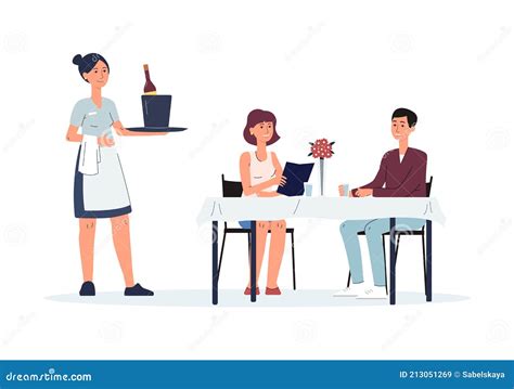 Waiter Serving People At Restaurant Table Cartoon Waitress Woman Stock