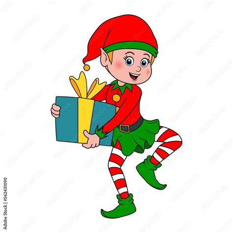 Cartoon Elf Elf Holds T Box With Ribbon And Bow Smiling Character